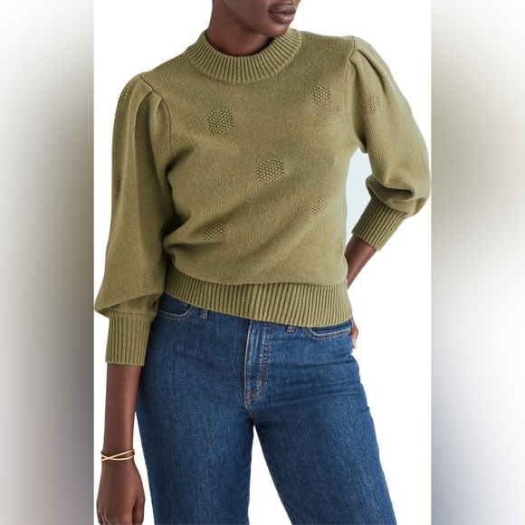 Madewell Eaton Dotted Puff Sleeve Cotton & Merino Yarn Pullover Sweater - Picture 1 of 8